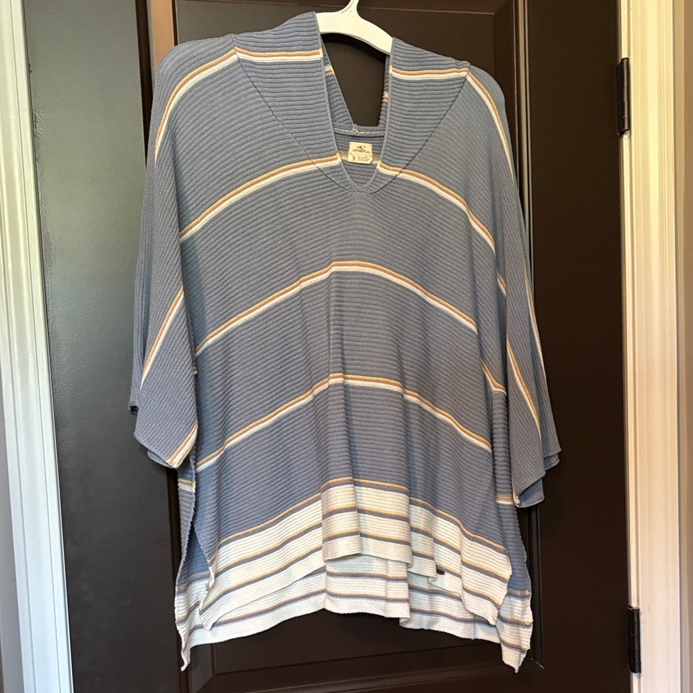 O’Neill S Relaxed Oversized Striped Blue and White Knit Sweater Poncho Hoodie